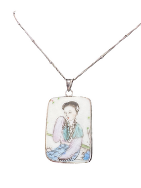 925 Silver Shard Porcelain  Pendant Necklace with Hand-Painted Chinese Lady